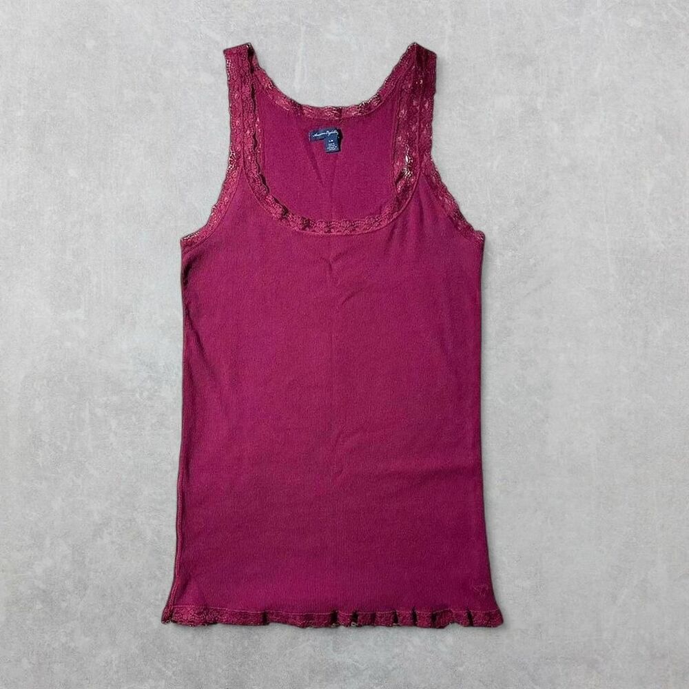American Eagle Women's Large Y2K Burgundy Lace Trim Tank Top